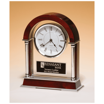 BC879 - 8 1/2" x 10 1/2" Rosewood Piano Finish Mantle Clock, Chrome Plated Posts, Silver Accents with Black Plate