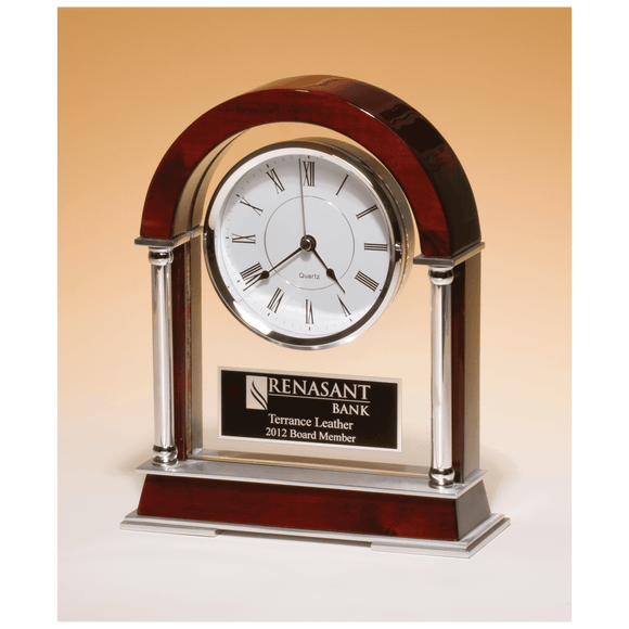 BC879 - 8 1/2" x 10 1/2" Rosewood Piano Finish Mantle Clock, Chrome Plated Posts, Silver Accents with Black Plate
