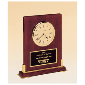 BC899 - 8 3/8" x 10" Desktop Clock, Rosewood Piano Finish Wood with Gold Metal Accents with Black Plate