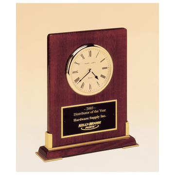 BC899 - 8 3/8" x 10" Desktop Clock, Rosewood Piano Finish Wood with Gold Metal Accents with Black Plate