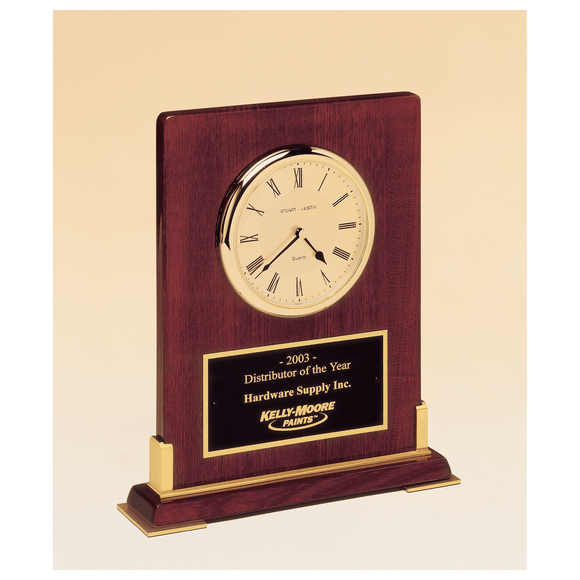 BC899 - 8 3/8" x 10" Desktop Clock, Rosewood Piano Finish Wood with Gold Metal Accents with Black Plate