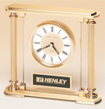 BC9 - 6 5/8" x 7 1/4" Glass Upright with Feet & Top, Metal Goldtone Columns, Diamond Spun Dial, 3 Hands with Black Plate