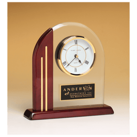 BC919 - 7 1/2" x 7 7/8" Arch Clock with Glass Upright and Rosewood Piano Finish Post and Base with Plate