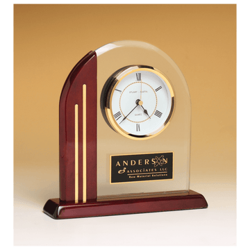 BC919 - 7 1/2" x 7 7/8" Arch Clock with Glass Upright and Rosewood Piano Finish Post and Base with Plate