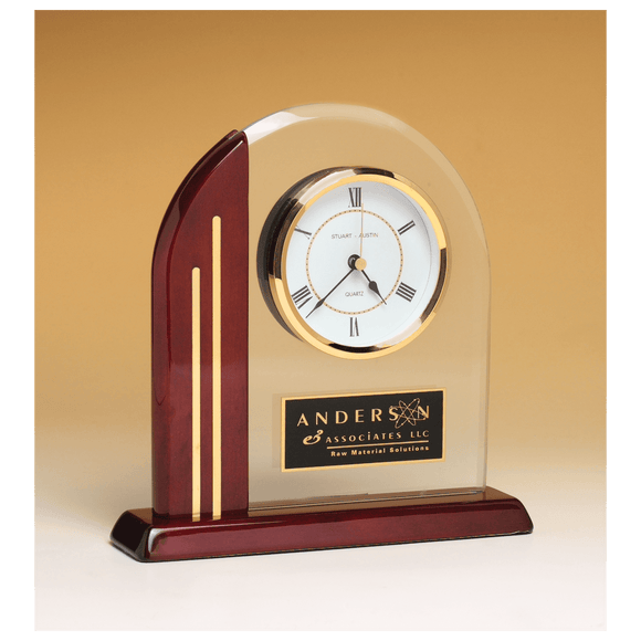 BC919 - 7 1/2" x 7 7/8" Arch Clock with Glass Upright and Rosewood Piano Finish Post and Base with Plate