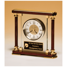 BC956 - 7" x 7" Glass and Rosewood Piano Finish Clock with Gold Metal Accents and Black Plate