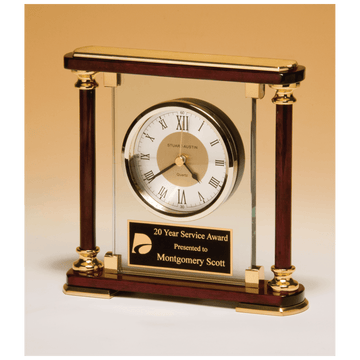 BC956 - 7" x 7" Glass and Rosewood Piano Finish Clock with Gold Metal Accents and Black Plate