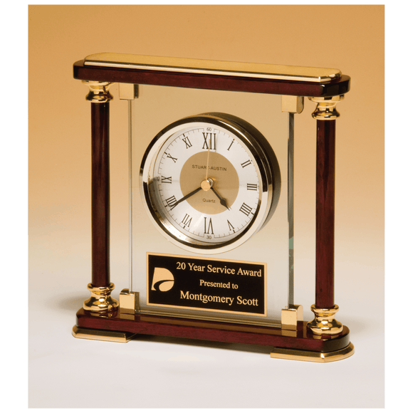 BC956 - 7" x 7" Glass and Rosewood Piano Finish Clock with Gold Metal Accents and Black Plate