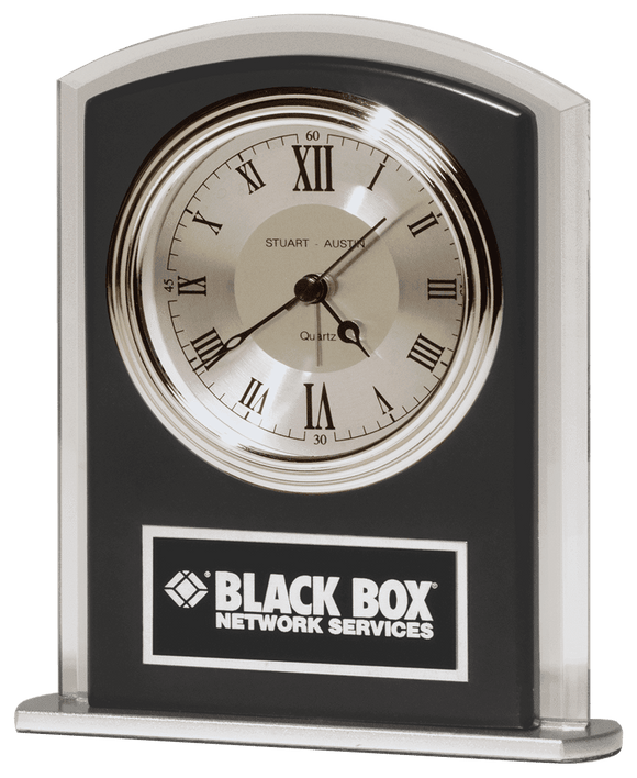 BC965 - 5 1/2" x 6 1/2" Beveled Glass with Wood Accent, Silver Bezel and Dial, 3 Hand Movement with Black Plate