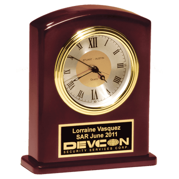 BC970 - 5 1/4" x 6 3/4" High Gloss Rosewood Finish Clock, Diamond Spun Dial, 3 HandMovement with Black Plate