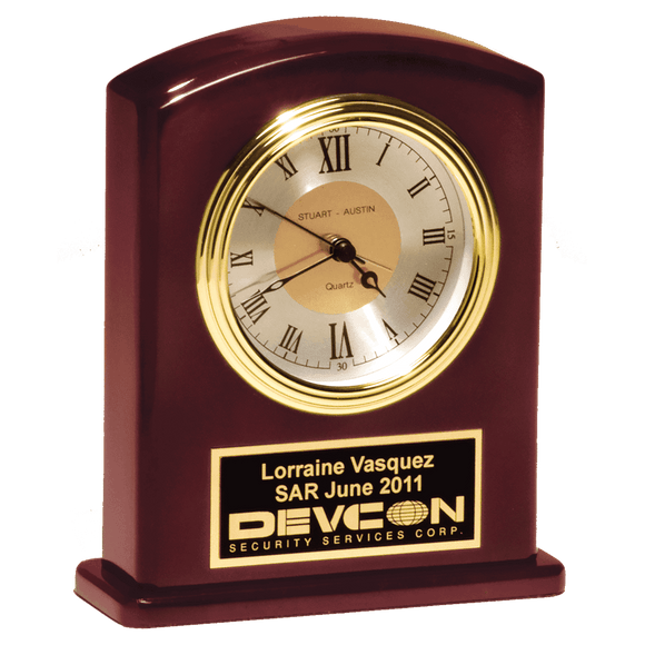 BC970 - 5 1/4" x 6 3/4" High Gloss Rosewood Finish Clock, Diamond Spun Dial, 3 HandMovement with Black Plate