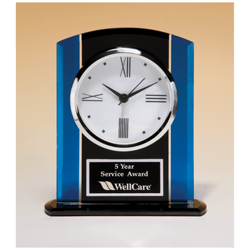 BC973 - 5 1/4" x 6 1/4" Black & Blue Glass Clock, Silver Bezel, Three Hand Movement with Black Plate