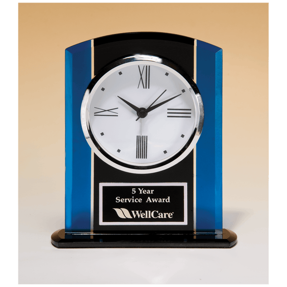 BC973 - 5 1/4" x 6 1/4" Black & Blue Glass Clock, Silver Bezel, Three Hand Movement with Black Plate