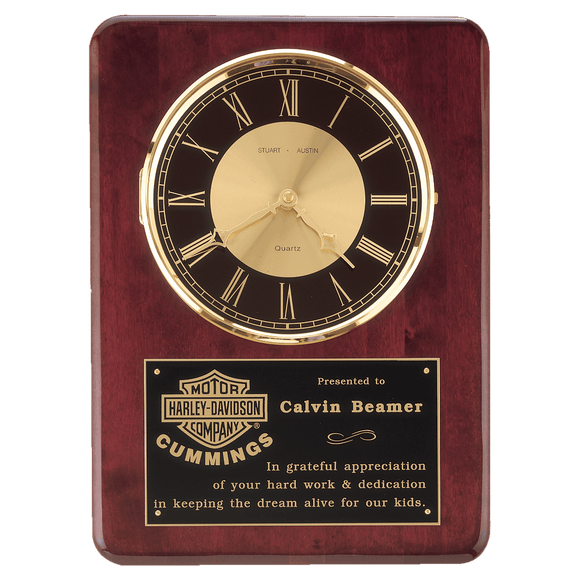 BC98 - 12" x 15" Rosewood Piano Finish Clock, Brass Bezel with Glass Lens, Black/Gold Dial with Black Plate