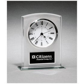BC985 - 5" x 6 1/4" Glass Clock with Frosted Top, Polished Edge and Base with Black Plate