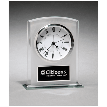 BC985 - 5" x 6 1/4" Glass Clock with Frosted Top, Polished Edge and Base with Black Plate