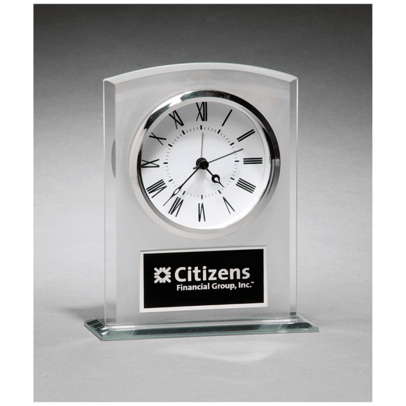 BC985 - 5" x 6 1/4" Glass Clock with Frosted Top, Polished Edge and Base with Black Plate