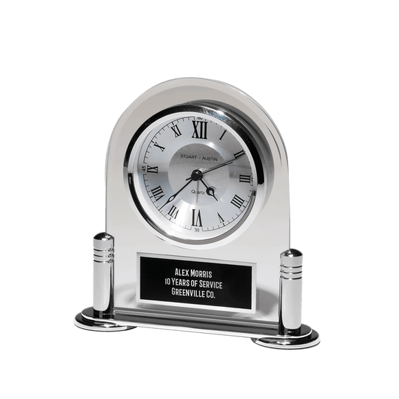 BC999 - 6 1/8" x 6" Desk Clock with Beveled Glass Upright, Silver Metal Base, 3 Hand Movement Black Plate