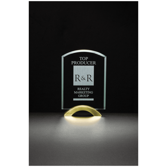 G2270 - 7" x 9 3/4" Arch Series Glass Award with Gold Metal Base
