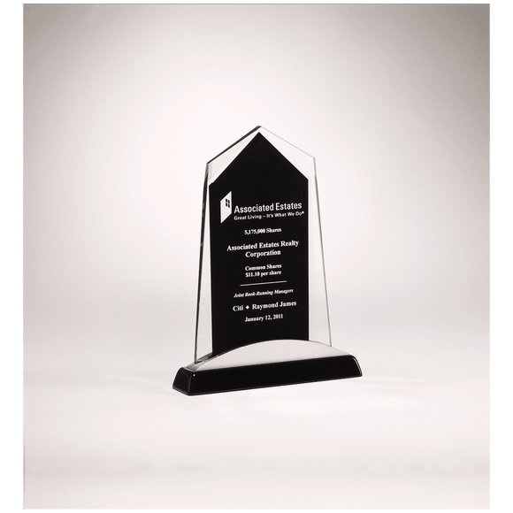 G2414 - 6 5/8" x 9 7/8" Apex Series Glass Award, Black Piano Finish Base with Silver Aluminum Accent