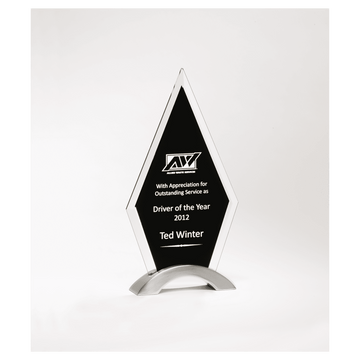 G2777 - 6 1/4" x 7 3/8" Diamond Shaped Glass Award, Black Silkscreen on Silver Metal Base