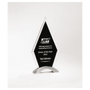 G2779 - 8" x 9" Diamond Shaped Glass Award, Black Silkscreen on Silver Metal Base