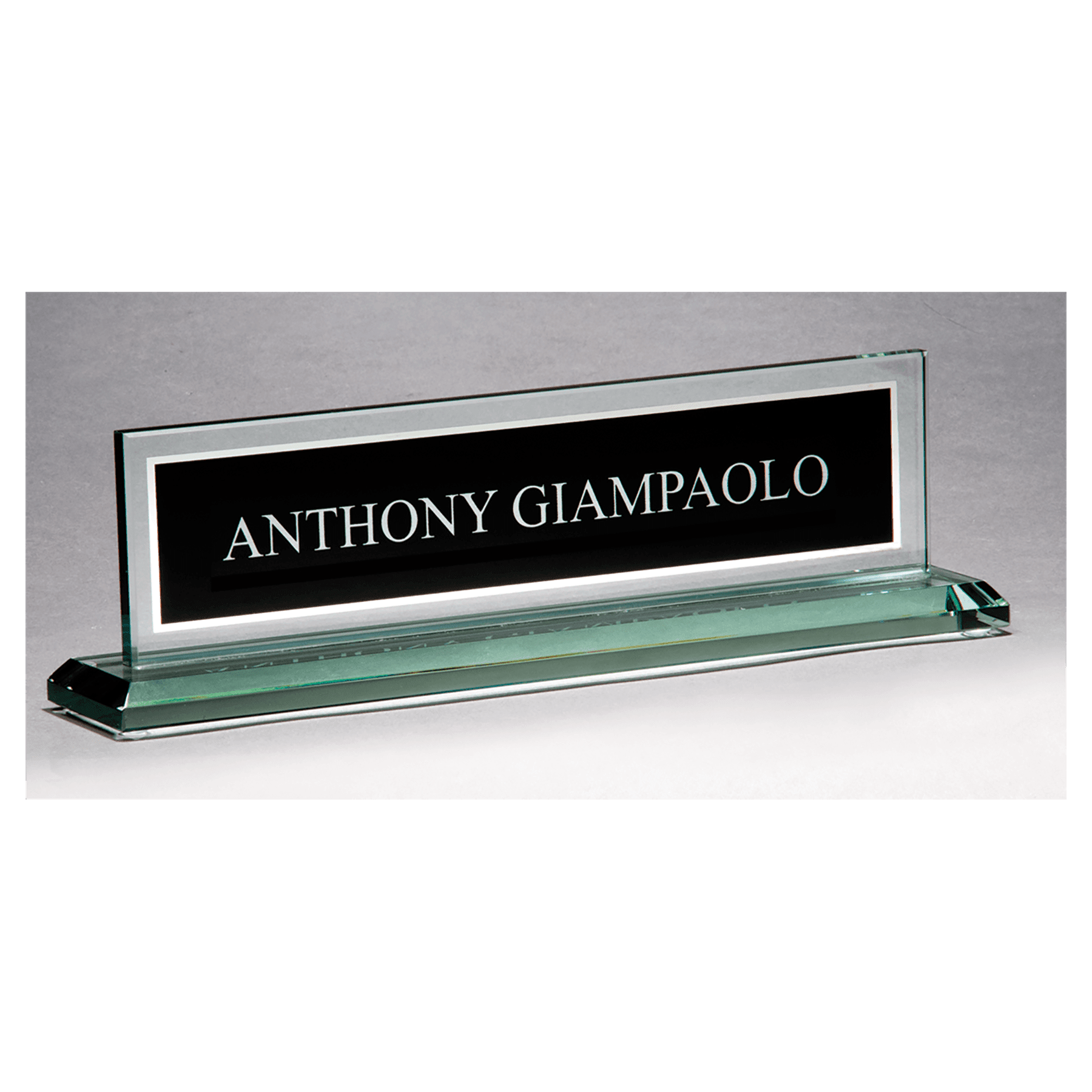 G2788 - 10" x 2 3/4" Glass Name Plate w/Black Silkscreened Engraving Area, Mirror Border