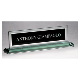G2788 - 10" x 2 3/4" Glass Name Plate w/Black Silkscreened Engraving Area, Mirror Border