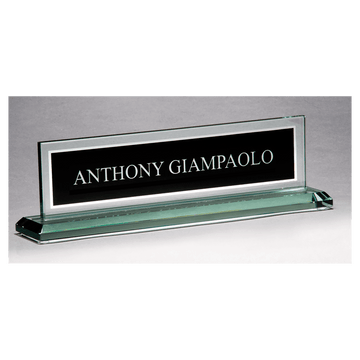 G2788 - 10" x 2 3/4" Glass Name Plate w/Black Silkscreened Engraving Area, Mirror Border