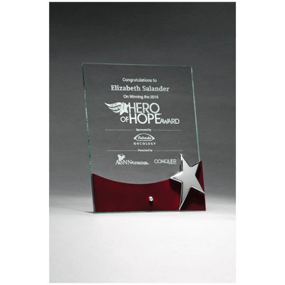 G2792 - 8" x 10" Freestanding Glass Award with High Gloss Rosewood Accent and Silver Star