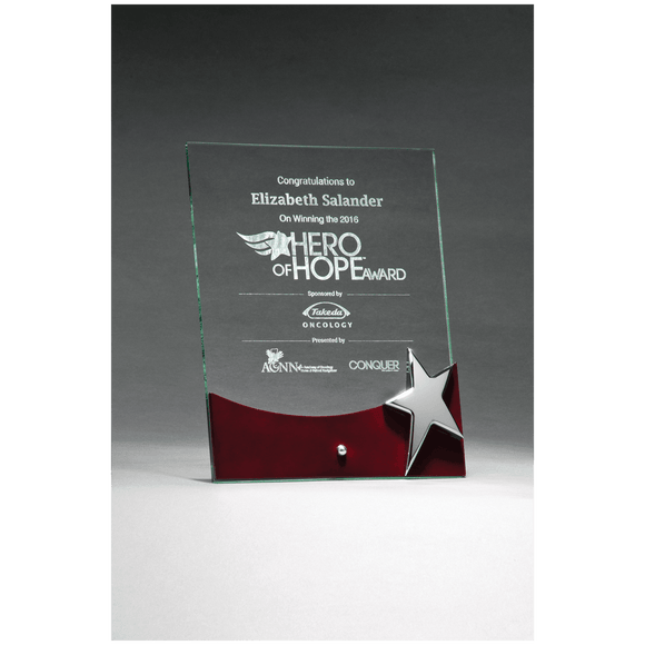 G2792 - 8" x 10" Freestanding Glass Award with High Gloss Rosewood Accent and Silver Star