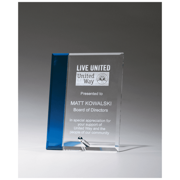 G2867 - 5" x 7" Clear Glass with Sapphire Blue Highlight and Silver Plated Easel Post