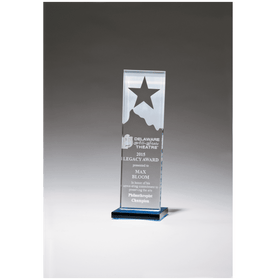G2883 - 3 1/8" x 9 1/4" Etched Clear Glass Award with Star and Mountain Peak on Blue Glass Base
