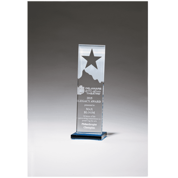 G2883 - 3 1/8" x 9 1/4" Etched Clear Glass Award with Star and Mountain Peak on Blue Glass Base