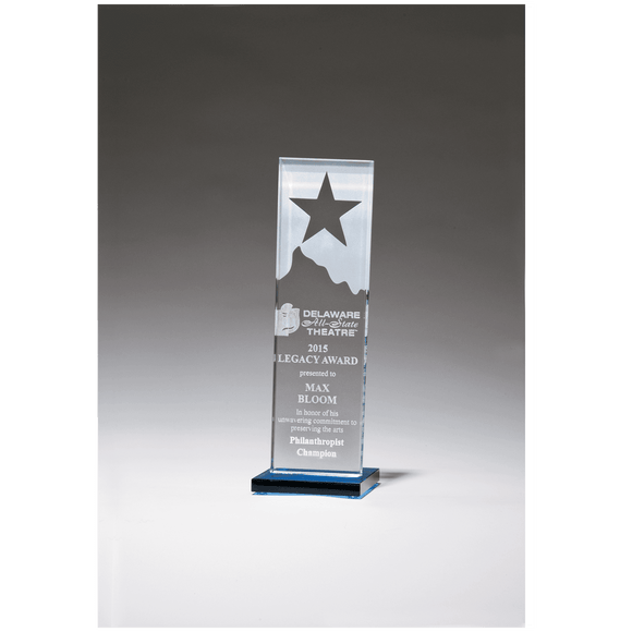 G2883 - 3 1/8" x 9 1/4" Etched Clear Glass Award with Star and Mountain Peak on Blue Glass Base