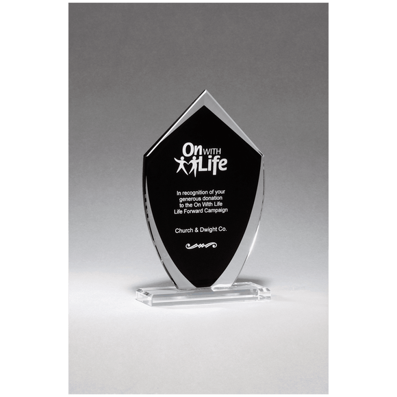 G2921 - 5" x 8 1/4" Shield Shaped Glass Award with Black Silkscreened Center