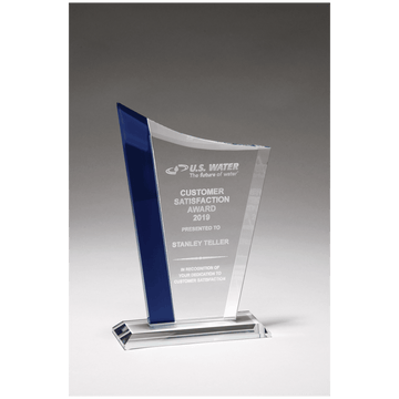 G2931 - 5 3/4" x 8 5/8" Zenith Series Clear Glass Award with Blue Glass Highlights