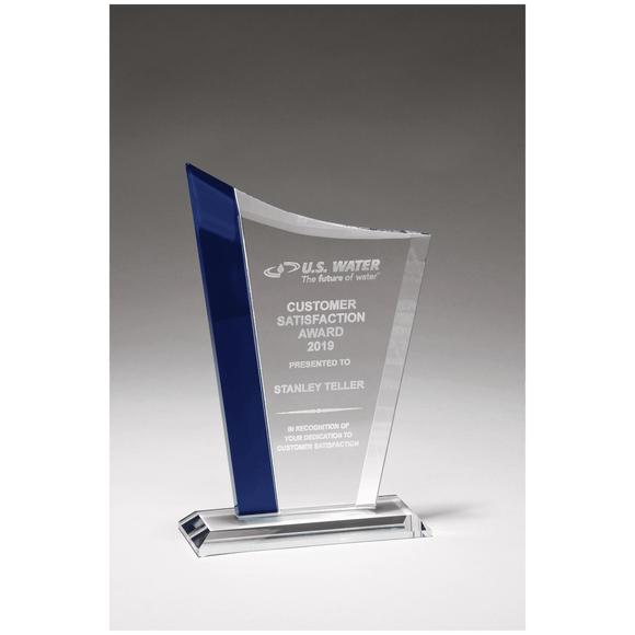 G2931 - 5 3/4" x 8 5/8" Zenith Series Clear Glass Award with Blue Glass Highlights
