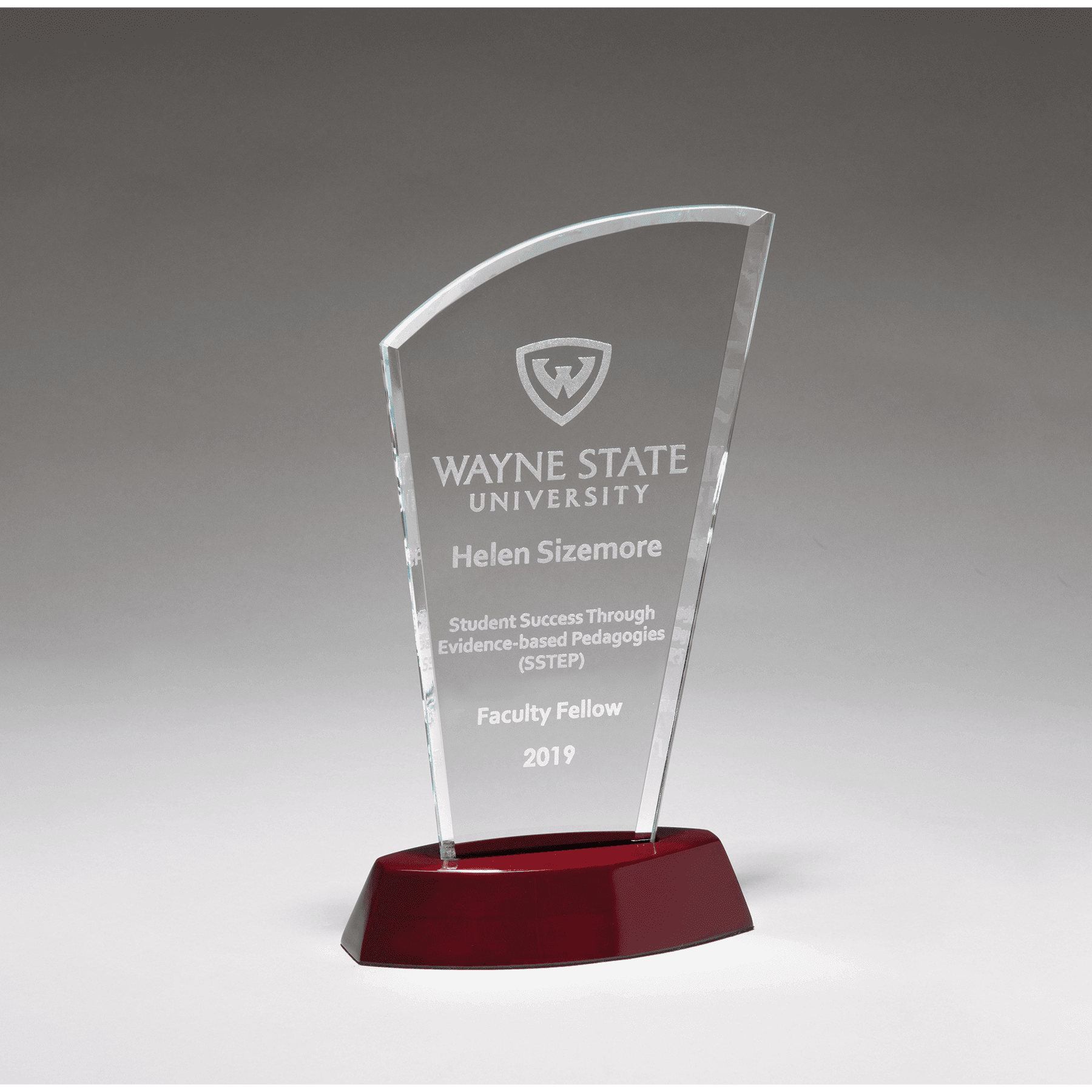 G2972 - 5 1/2" x 9 3/4" Sail Series Clear Glass Award with High Gloss Rosewood Finish Base