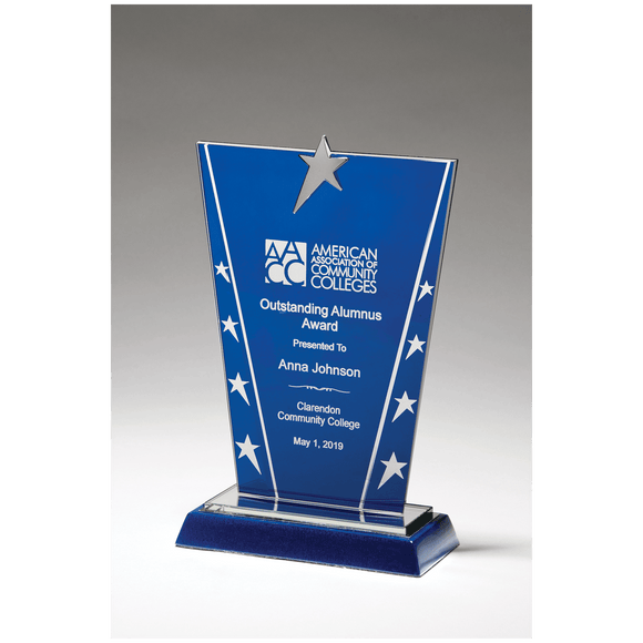 G2978 - 6 3/8" x 10 5/8" Constellation Series Glass Award with Blue Background with Chrome Plated Star