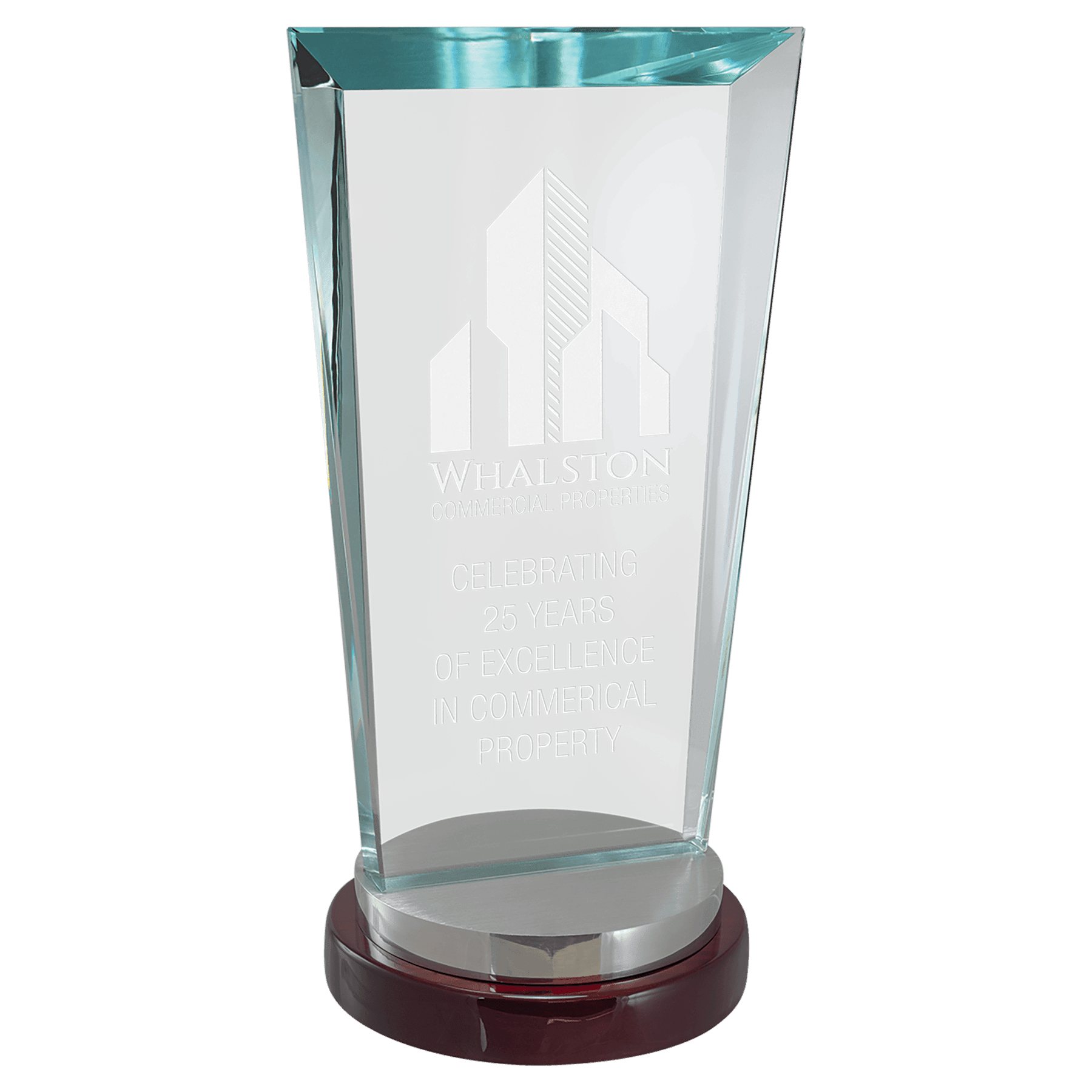 G2987 - 4 1/4" x 8 1/8" Premium Series Sapphire Glass Award with Rosewood and Aluminum Base