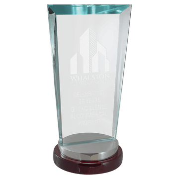 G2987 - 4 1/4" x 8 1/8" Premium Series Sapphire Glass Award with Rosewood and Aluminum Base