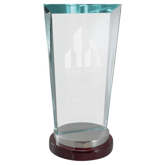 G2988 - 4 1/4" x 9" Premium Series Sapphire Glass Award with Rosewood and Aluminum Base
