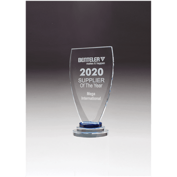 G2991 - 5" x 9 1/4" Chalice Series Sapphire Glass Award with Blue and Clear Glass Pedestal Base