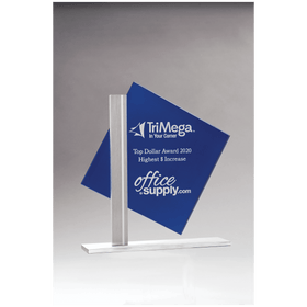 G3010 - 8" x 8 3/8" Diamond Series Blue Silkscreened Glass with Brushed Aluminum Post and Base