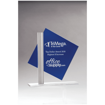 G3010 - 8" x 8 3/8" Diamond Series Blue Silkscreened Glass with Brushed Aluminum Post and Base