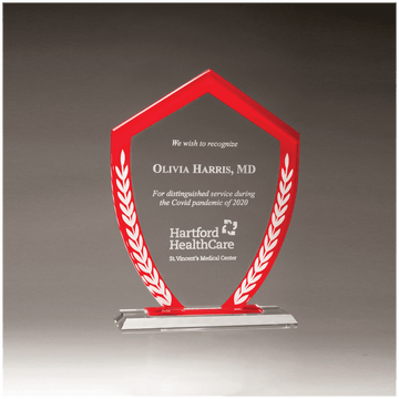 G3088 - 5 7/8" x 8 1/8" Shield Shaped Glass Award with Red Border and White Laurel Leaves