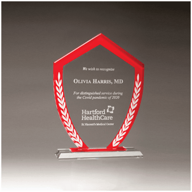G3089 - 6 5/8" x 8 7/8" Shield Shaped Glass Award with Red Border and White Laurel Leaves