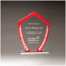 G3090 - 7 1/4" x 9 5/8" Shield Shaped Glass Award with Red Border and White Laurel Leaves