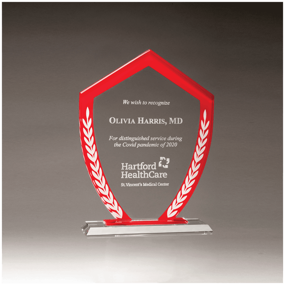 G3090 - 7 1/4" x 9 5/8" Shield Shaped Glass Award with Red Border and White Laurel Leaves